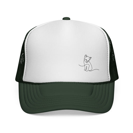 Cat Line Art Trucker Cap — Minimal Cute Cat Embroidery Hat