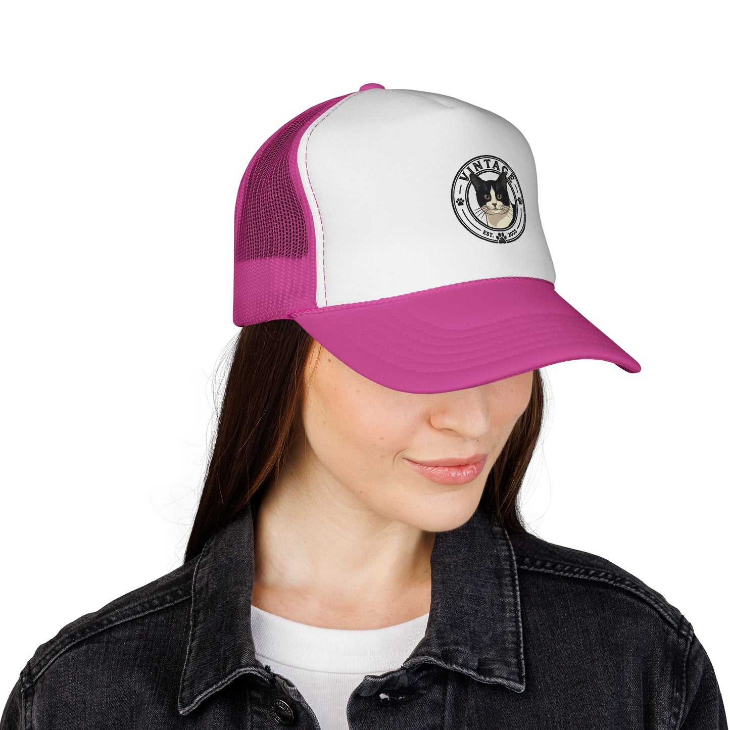 Cat Lover Trucker Hat — Vintage Tuxedo Cat Patch Cap