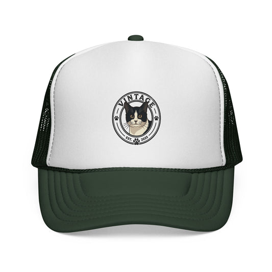 Cat Lover Trucker Hat — Vintage Tuxedo Cat Patch Cap