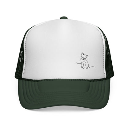 Cat Line Art Trucker Cap — Minimal Cute Cat Embroidery Hat