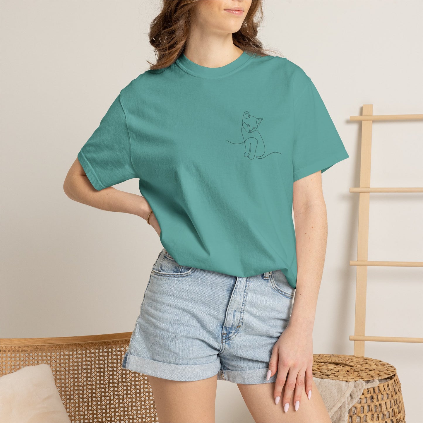 Minimal Line Art Cat T-Shirt — Small Chest Sketch Tee