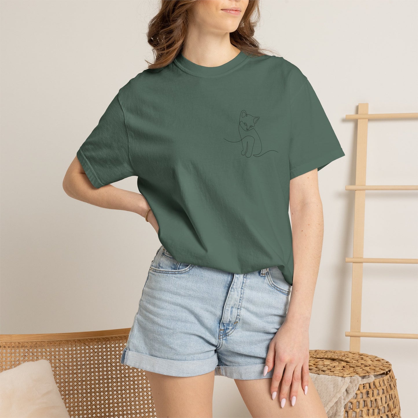 Minimal Line Art Cat T-Shirt — Small Chest Sketch Tee