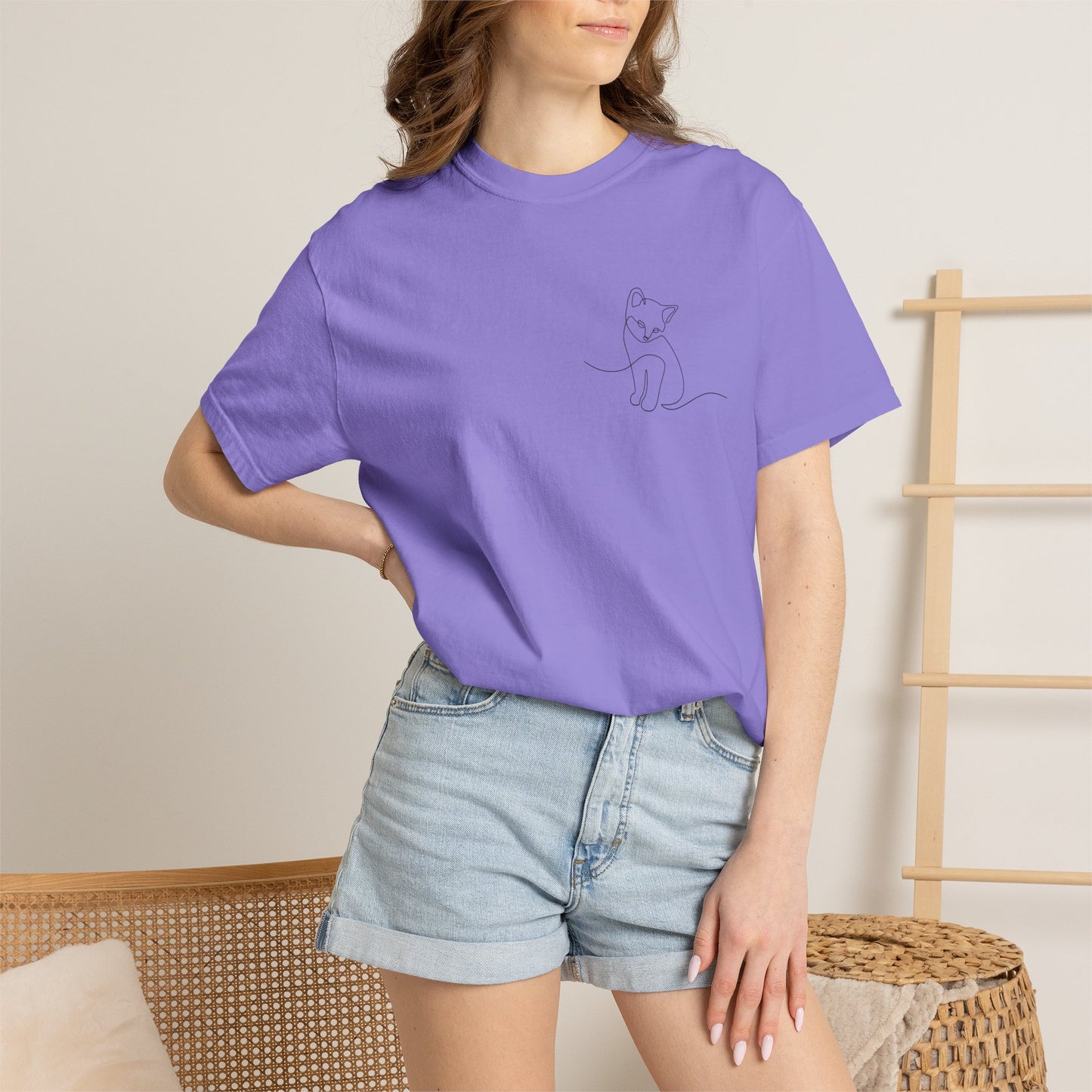Minimal Line Art Cat T-Shirt — Small Chest Sketch Tee