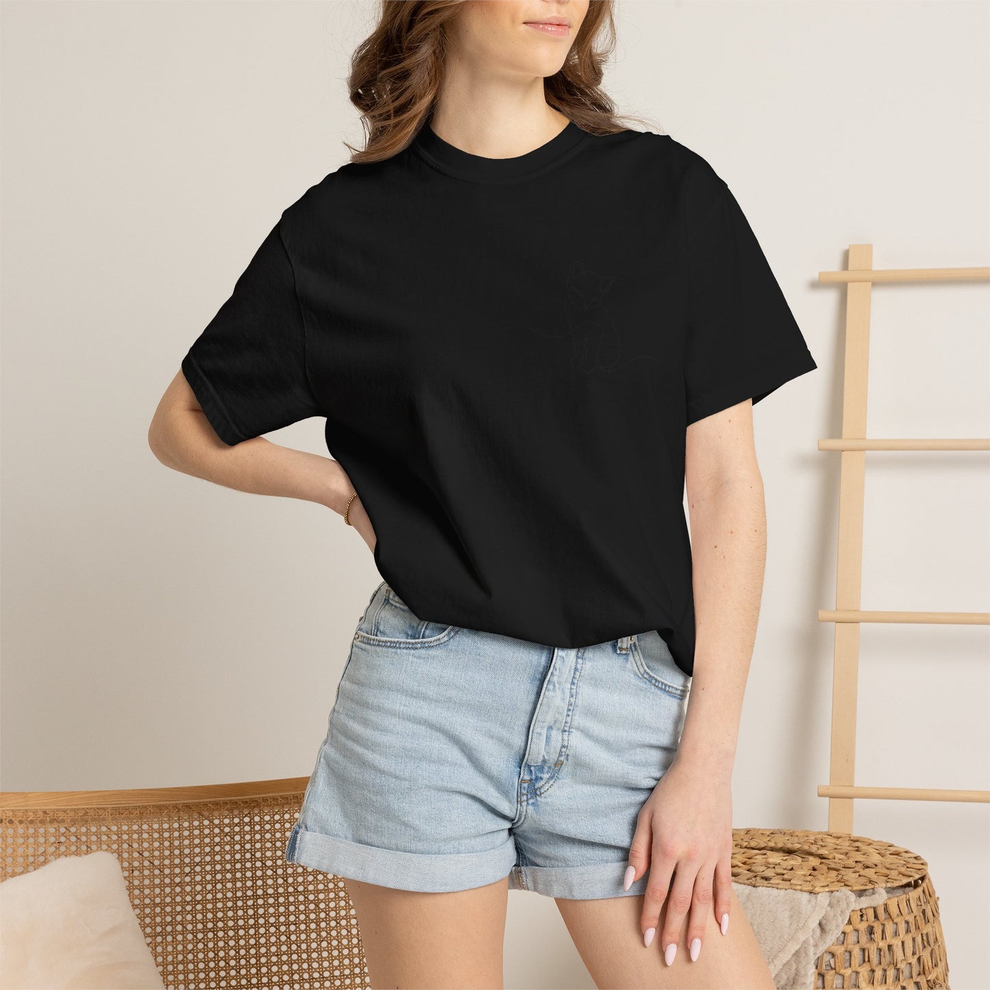 Minimal Line Art Cat T-Shirt — Small Chest Sketch Tee