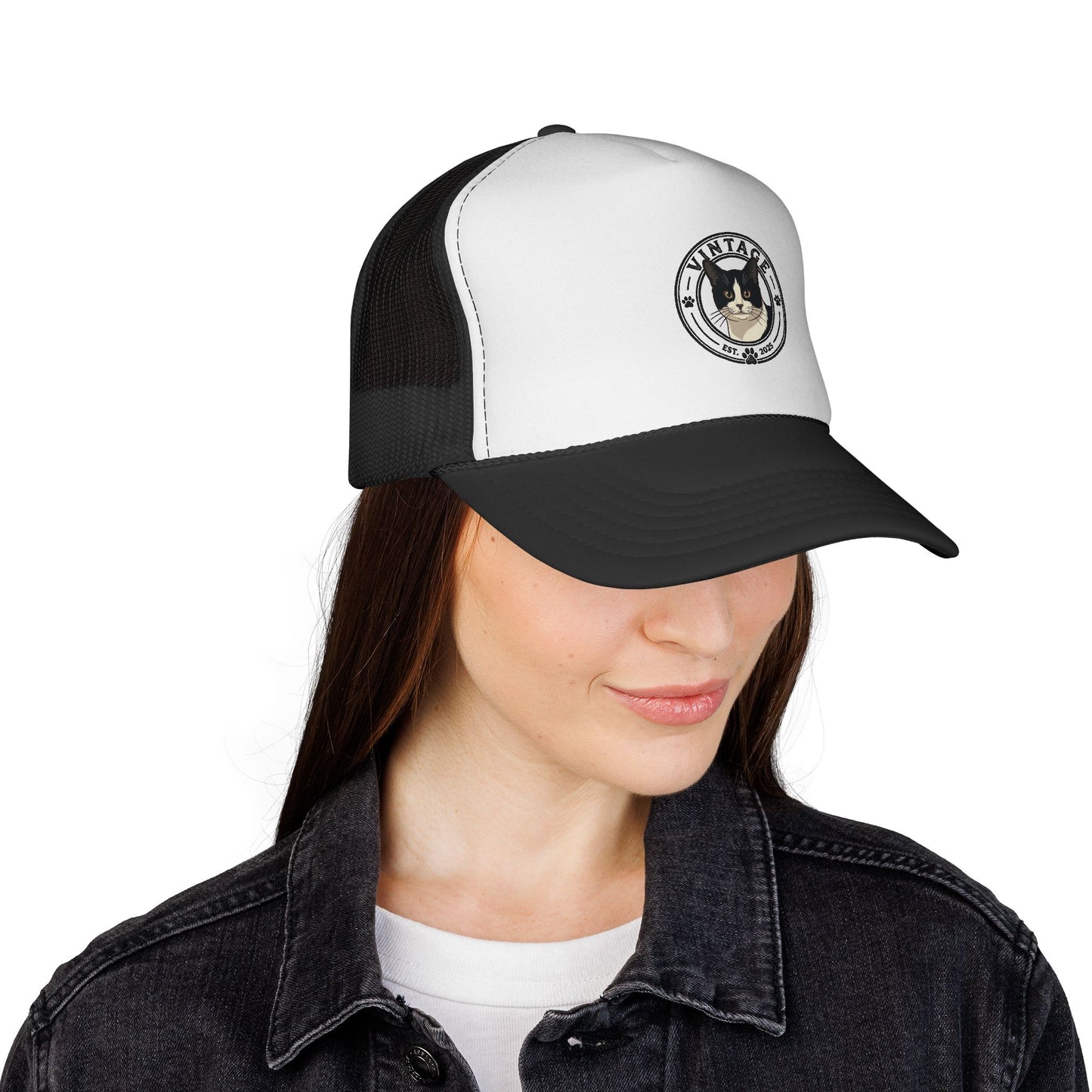 Cat Lover Trucker Hat — Vintage Tuxedo Cat Patch Cap
