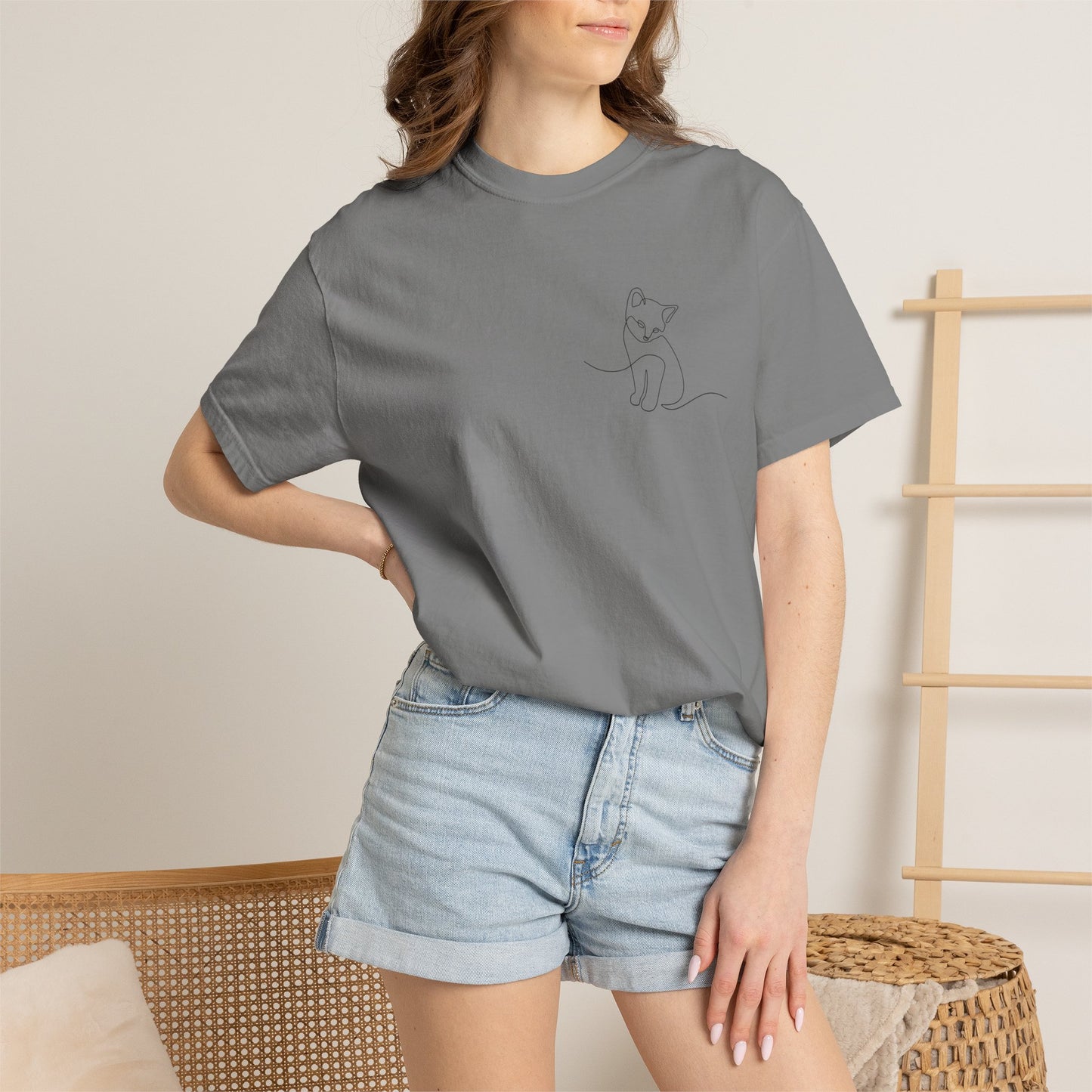 Minimal Line Art Cat T-Shirt — Small Chest Sketch Tee