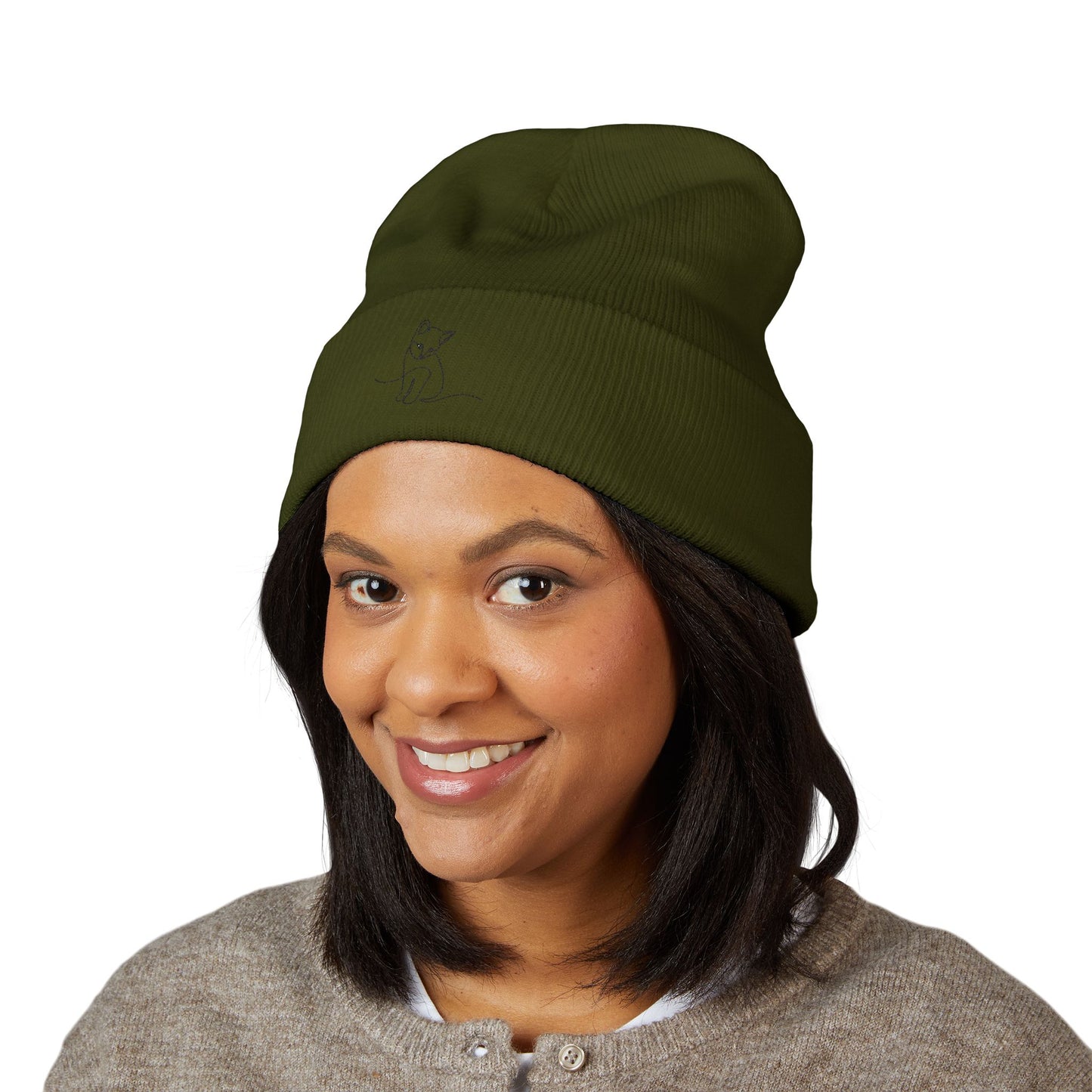 Embroidered Cat Cuffed Beanie