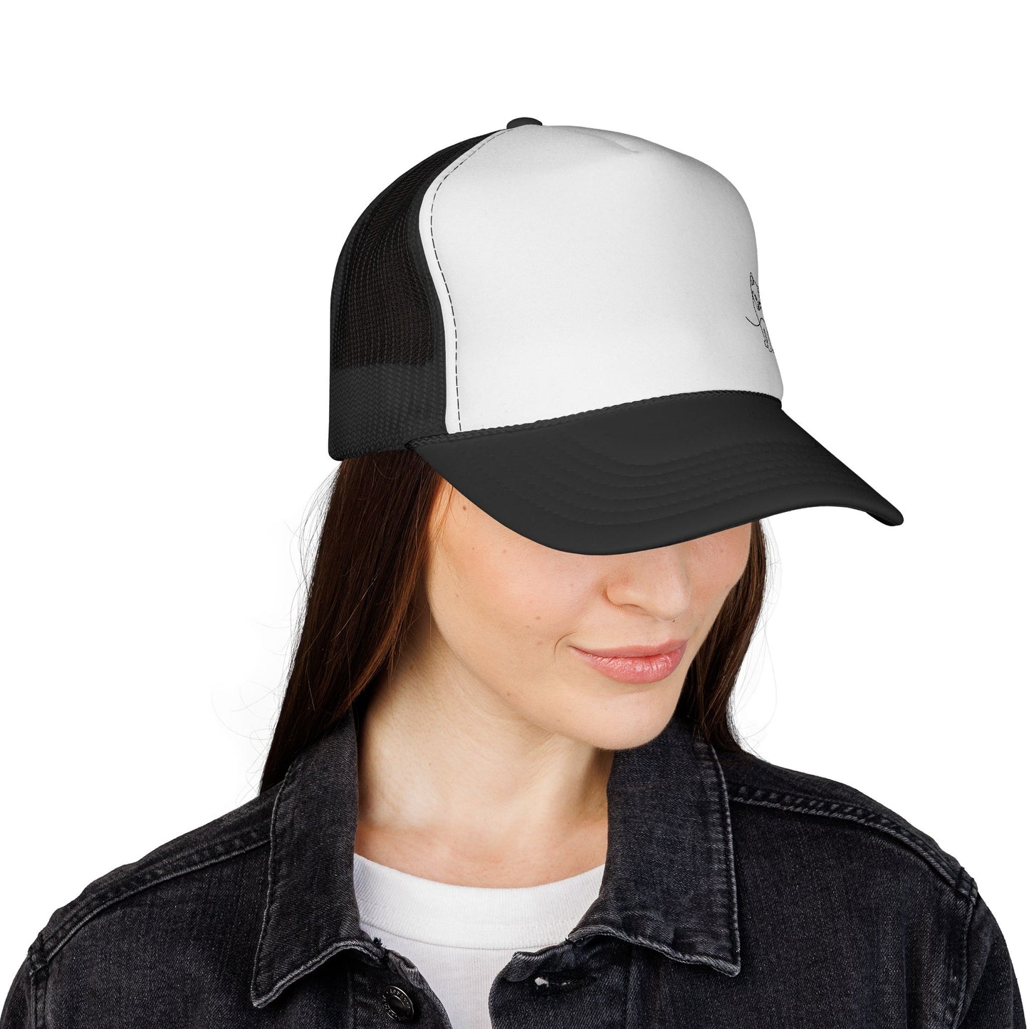 Cat Line Art Trucker Cap — Minimal Cute Cat Embroidery Hat