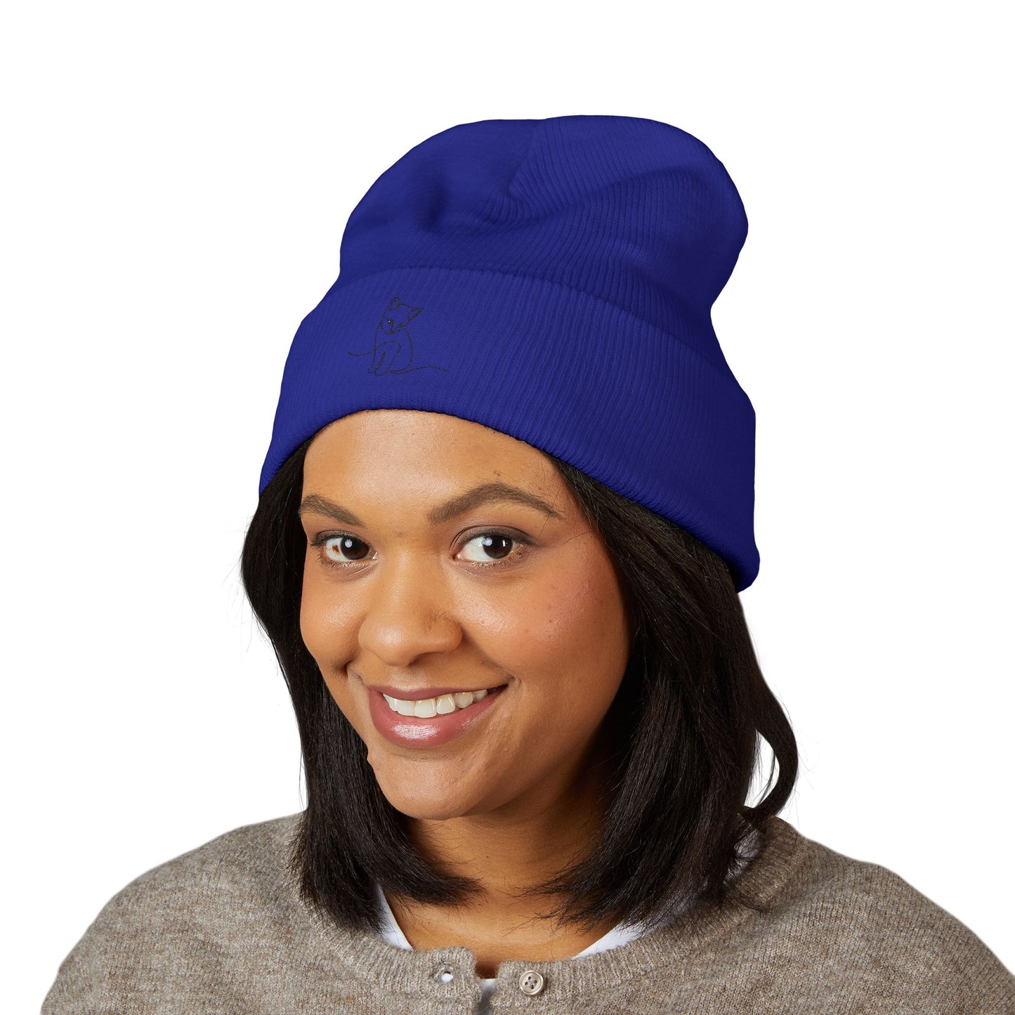 Embroidered Cat Cuffed Beanie