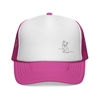 Cat Line Art Trucker Cap — Minimal Cute Cat Embroidery Hat