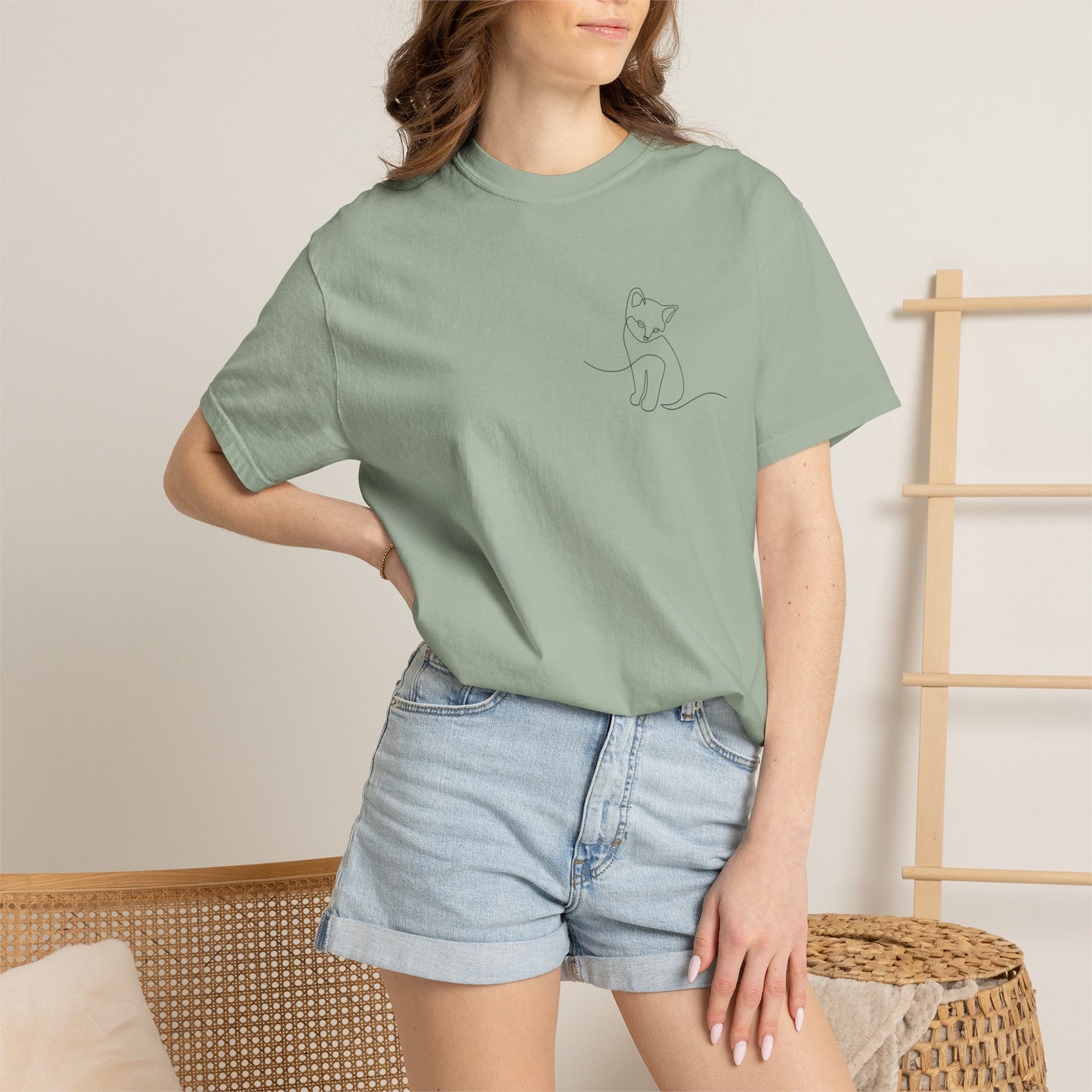 Minimal Line Art Cat T-Shirt — Small Chest Sketch Tee