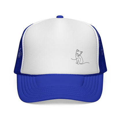 Cat Line Art Trucker Cap — Minimal Cute Cat Embroidery Hat