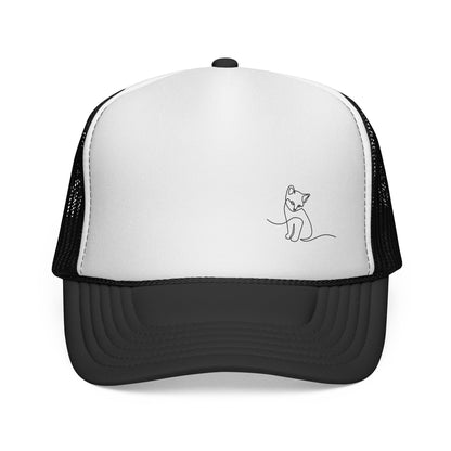 Cat Line Art Trucker Cap — Minimal Cute Cat Embroidery Hat
