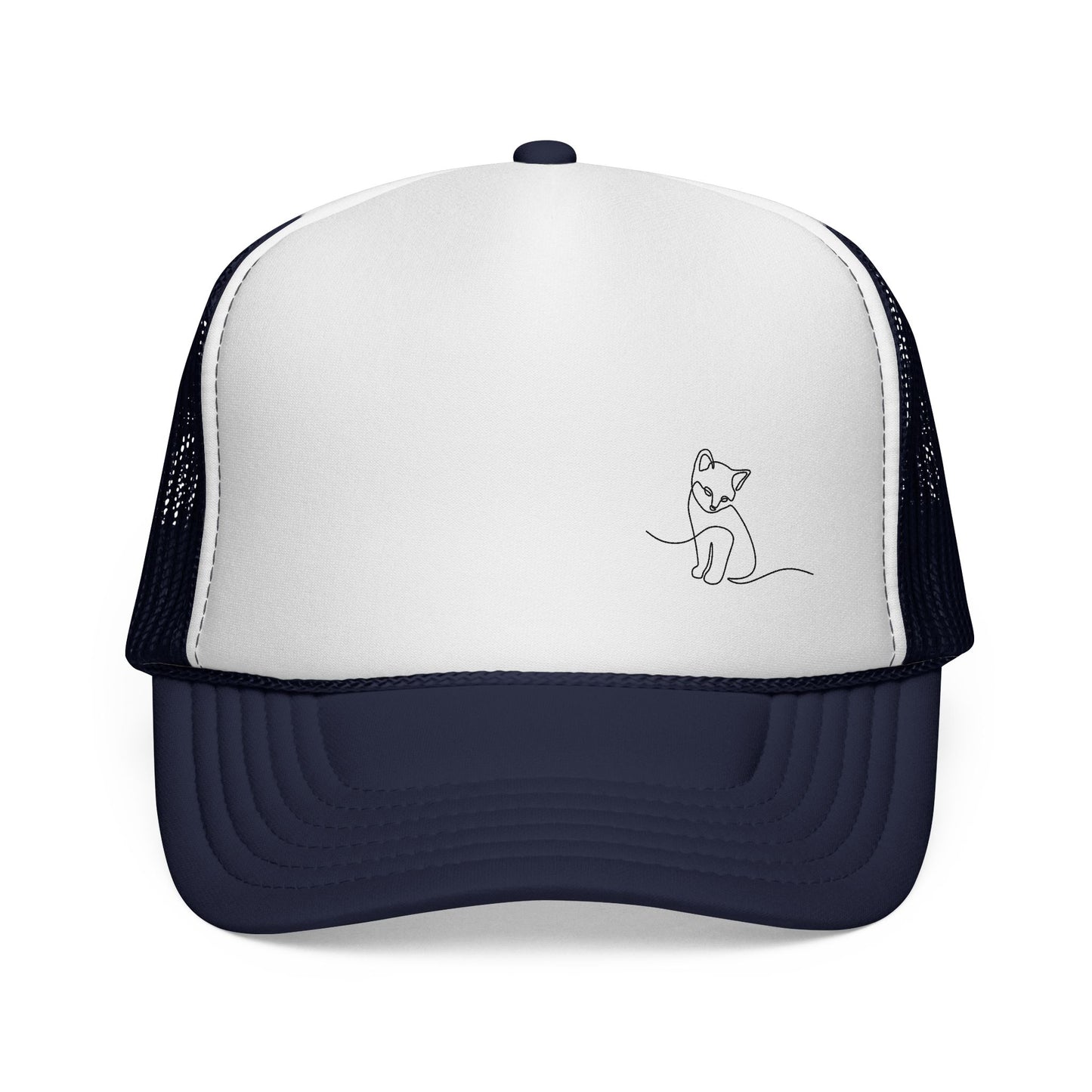 Cat Line Art Trucker Cap — Minimal Cute Cat Embroidery Hat