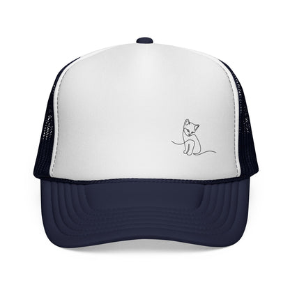 Cat Line Art Trucker Cap — Minimal Cute Cat Embroidery Hat