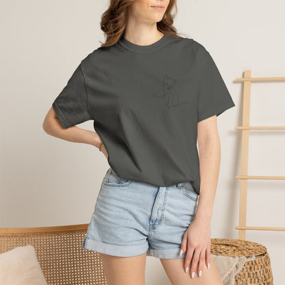 Minimal Line Art Cat T-Shirt — Small Chest Sketch Tee