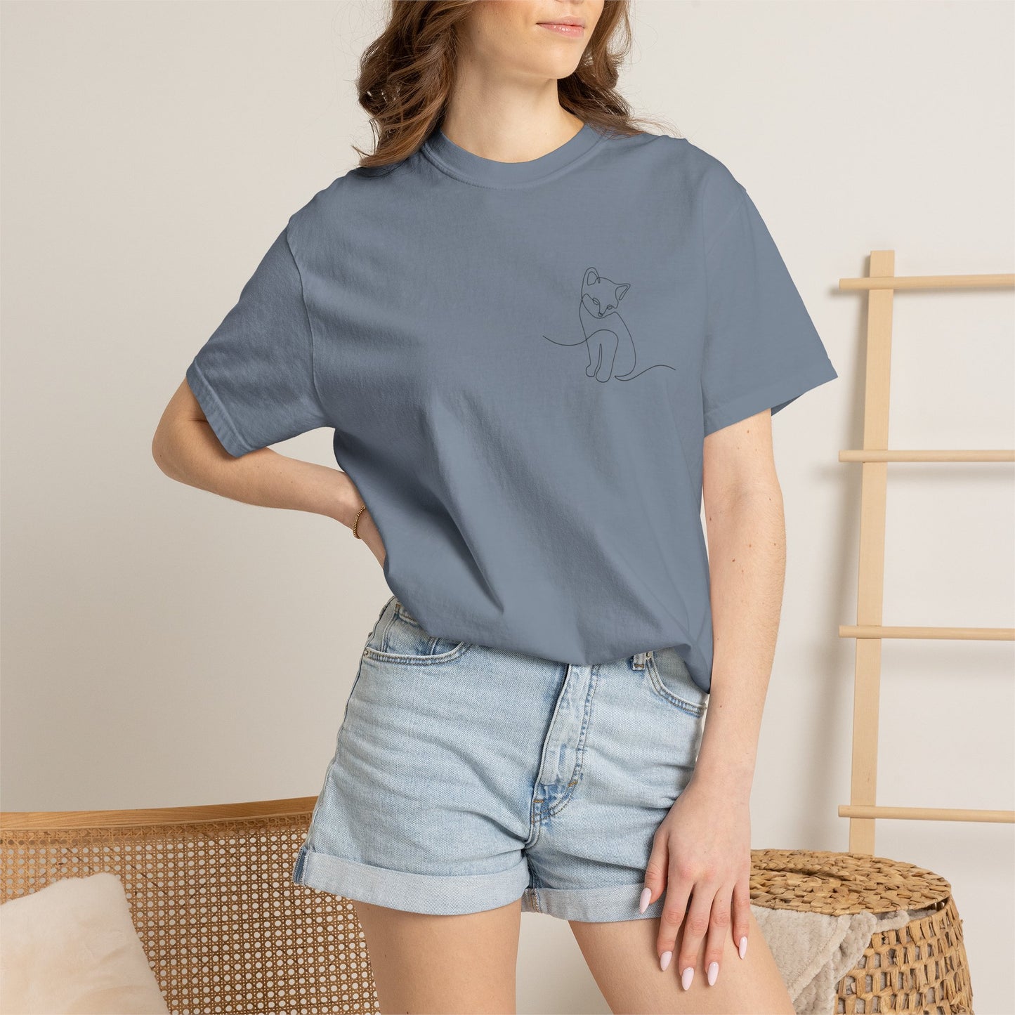 Minimal Line Art Cat T-Shirt — Small Chest Sketch Tee
