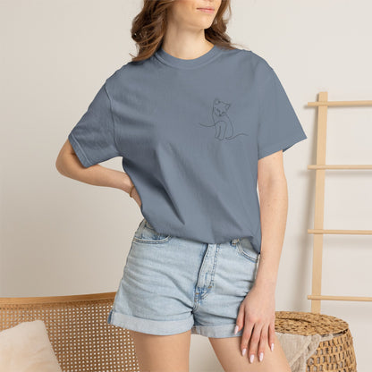 Minimal Line Art Cat T-Shirt — Small Chest Sketch Tee