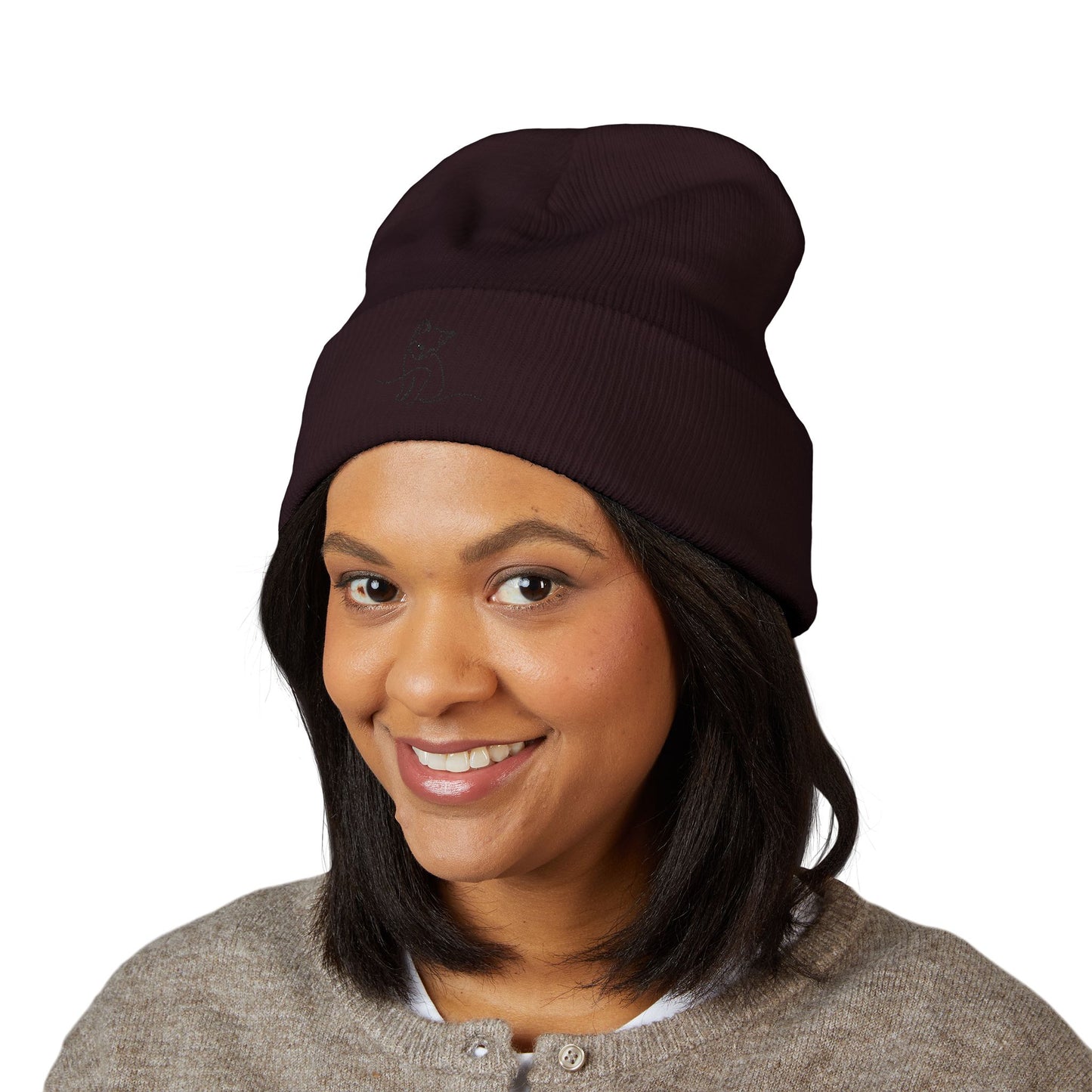 Embroidered Cat Cuffed Beanie