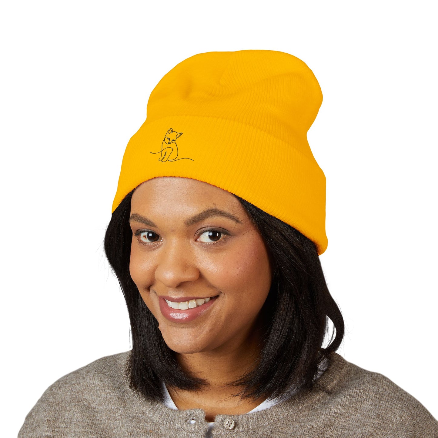 Embroidered Cat Cuffed Beanie